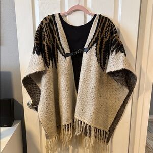 Elegant Beige and Black Women's Poncho with Fringe